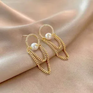 Gold Chain Pearl Drop Earrings-jlt11629