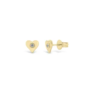 Gold Heart Stud Earrings with Diamond Centers