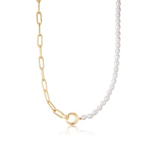 Gold Pearl Chunky Link Chain Necklace