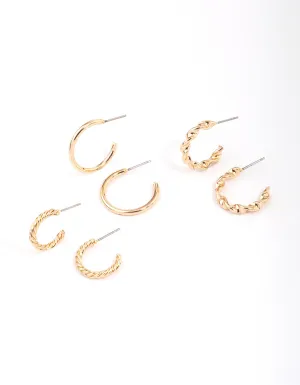 Gold Twisted & Polished Hoop Earring 3-Pack