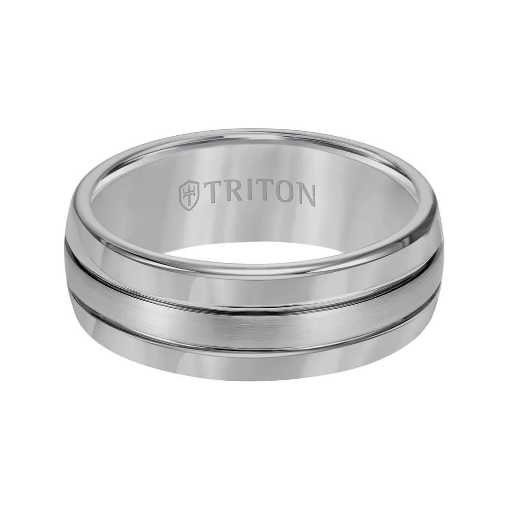 HARLEY Domed Tungsten Carbide Ring with Brush Finish Center and Dual Offset Grooves by Triton Rings - 8 mm