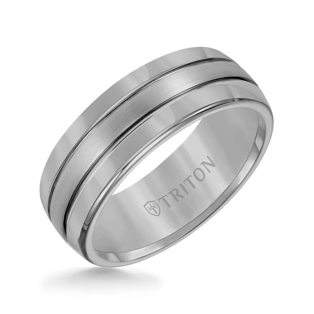 HARLEY Domed Tungsten Carbide Ring with Brush Finish Center and Dual Offset Grooves by Triton Rings - 8 mm