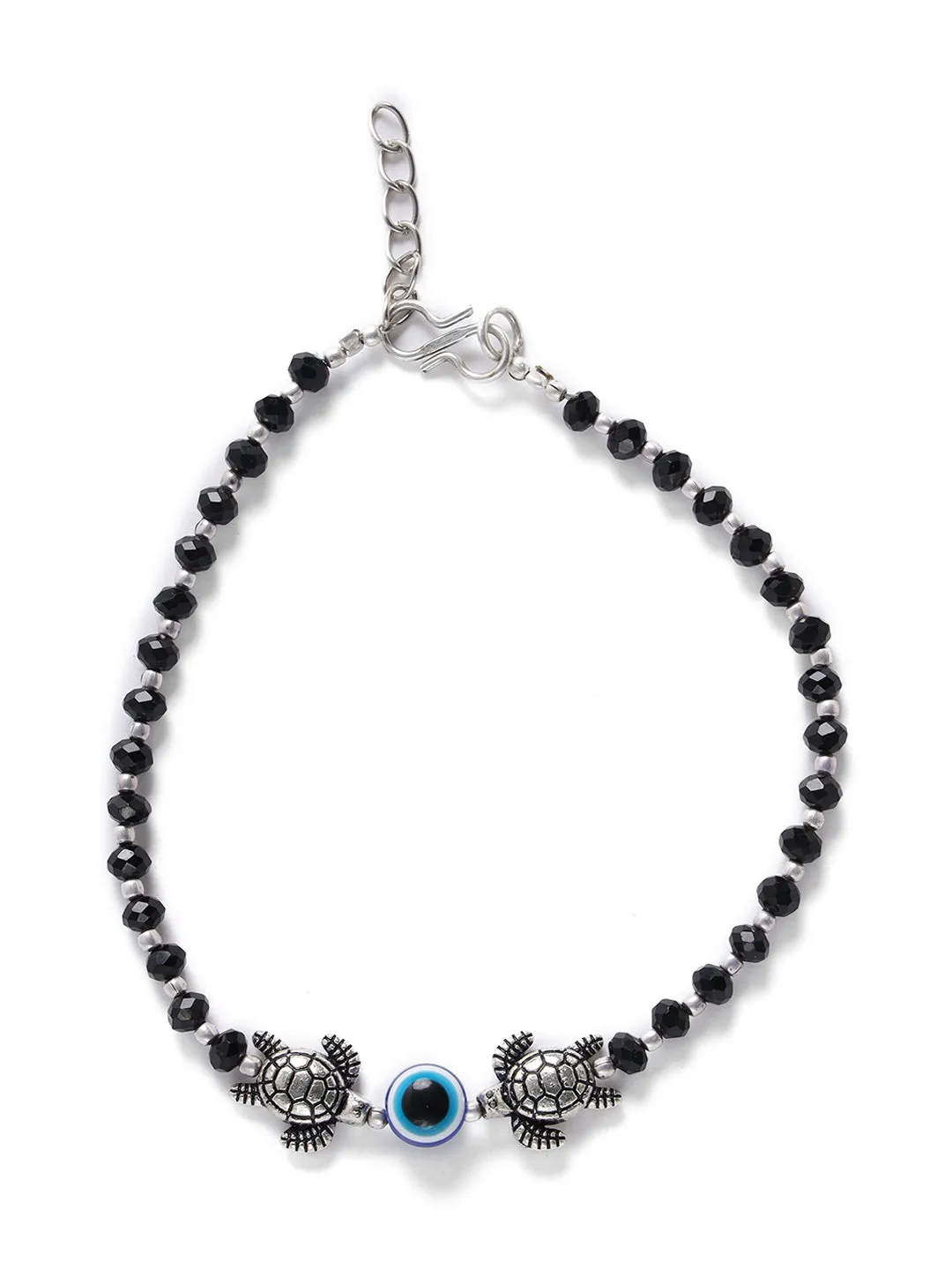 Jazz And Sizzle Set Of 2 Silver-Plated & Black Beaded Handcrafted Tortoise & Evil Eye Anklet