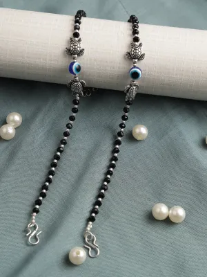 Jazz And Sizzle Set Of 2 Silver-Plated & Black Beaded Handcrafted Tortoise & Evil Eye Anklet