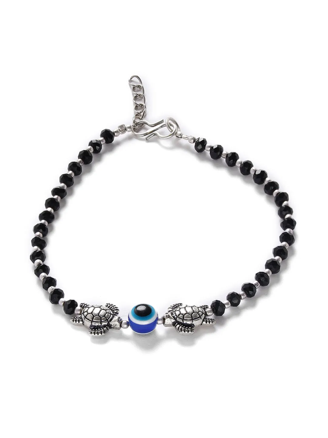 Jazz And Sizzle Set Of 2 Silver-Plated & Black Beaded Handcrafted Tortoise & Evil Eye Anklet