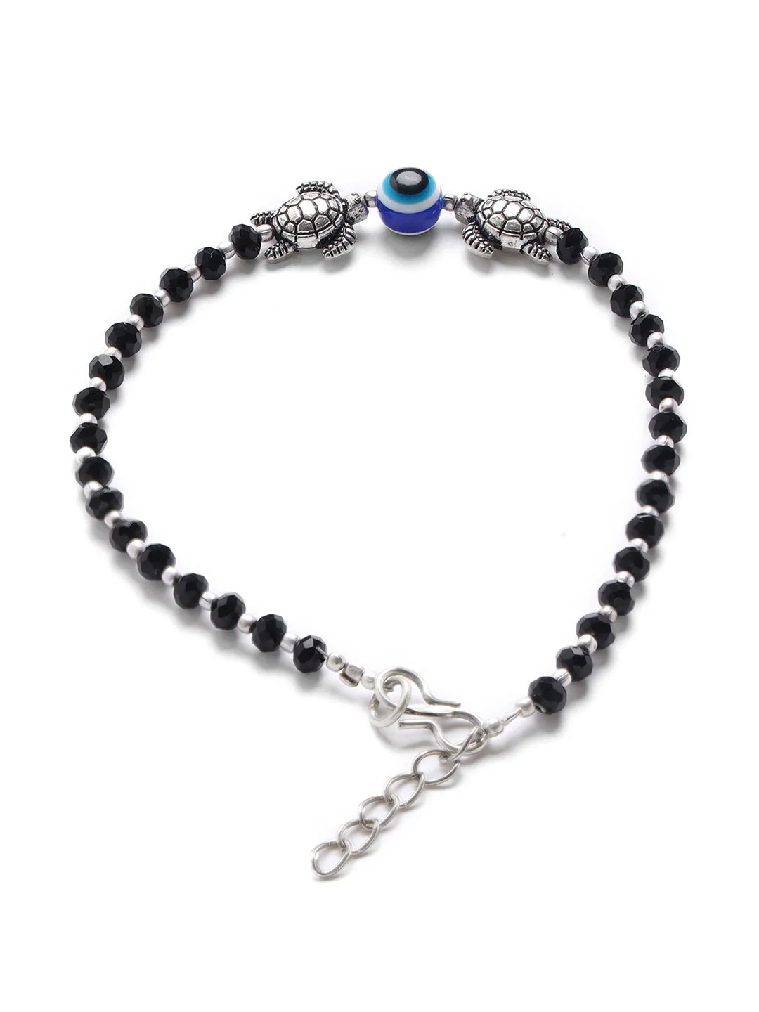 Jazz And Sizzle Set Of 2 Silver-Plated & Black Beaded Handcrafted Tortoise & Evil Eye Anklet