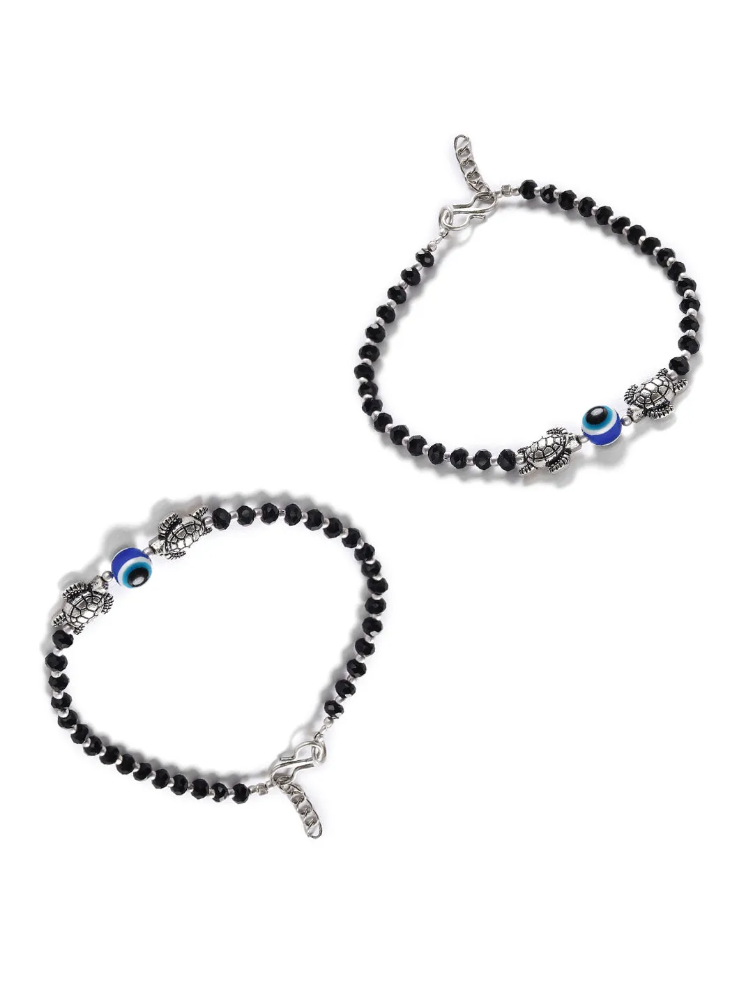 Jazz And Sizzle Set Of 2 Silver-Plated & Black Beaded Handcrafted Tortoise & Evil Eye Anklet