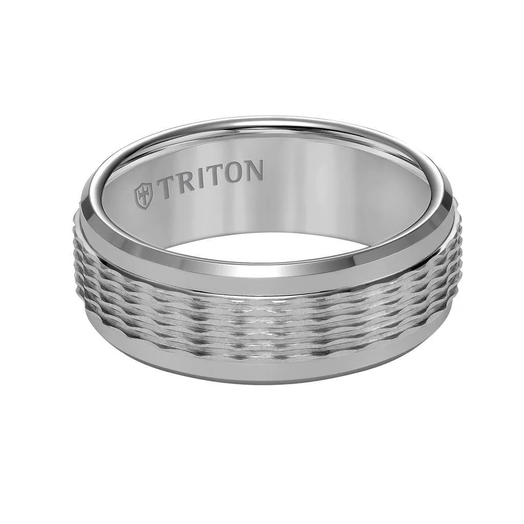 KARTER Grey Tungsten Wedding Ring with Wavy Textured Center & Polished Beveled Edges by Triton Rings - 8mm