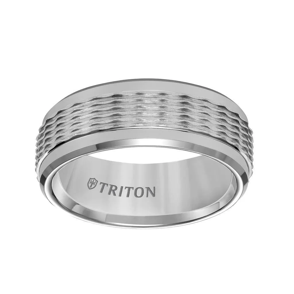 KARTER Grey Tungsten Wedding Ring with Wavy Textured Center & Polished Beveled Edges by Triton Rings - 8mm