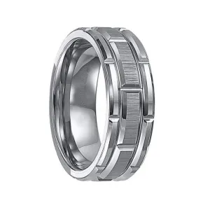 KELVIN Tungsten Carbide Beveled Edge Comfort Fit Band with Vertical Satin Finish and Bright Edges and Alternating Cuts by Triton Rings - 8 mm