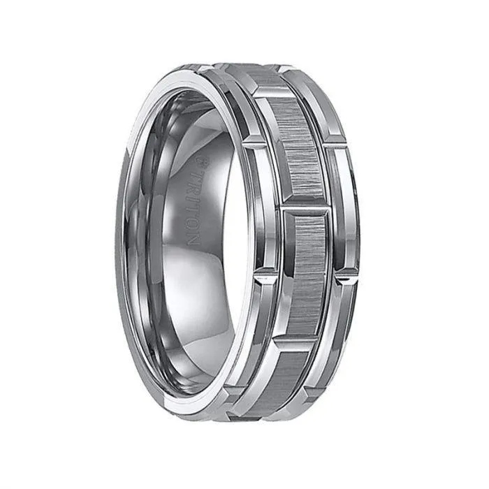 KELVIN Tungsten Carbide Beveled Edge Comfort Fit Band with Vertical Satin Finish and Bright Edges and Alternating Cuts by Triton Rings - 8 mm