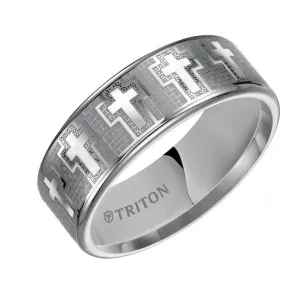 KROY Triton Rings ROMAN Tungsten Wedding Band With Engraved Crosses On Mosaic Background Design 8mm