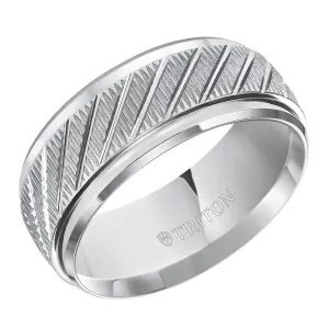 LANCELOT Coin Textured White Tungsten Carbide Comfort Fit Wedding Band with Beveled Step Edges and Diagonal Grooves by Triton Rings - 9 mm