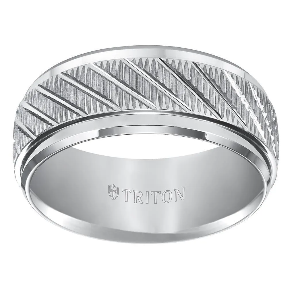 LANCELOT Coin Textured White Tungsten Carbide Comfort Fit Wedding Band with Beveled Step Edges and Diagonal Grooves by Triton Rings - 9 mm