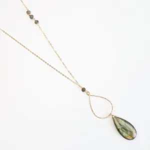 Large Labradorite Gold Filled Long Open Teardrop Necklace