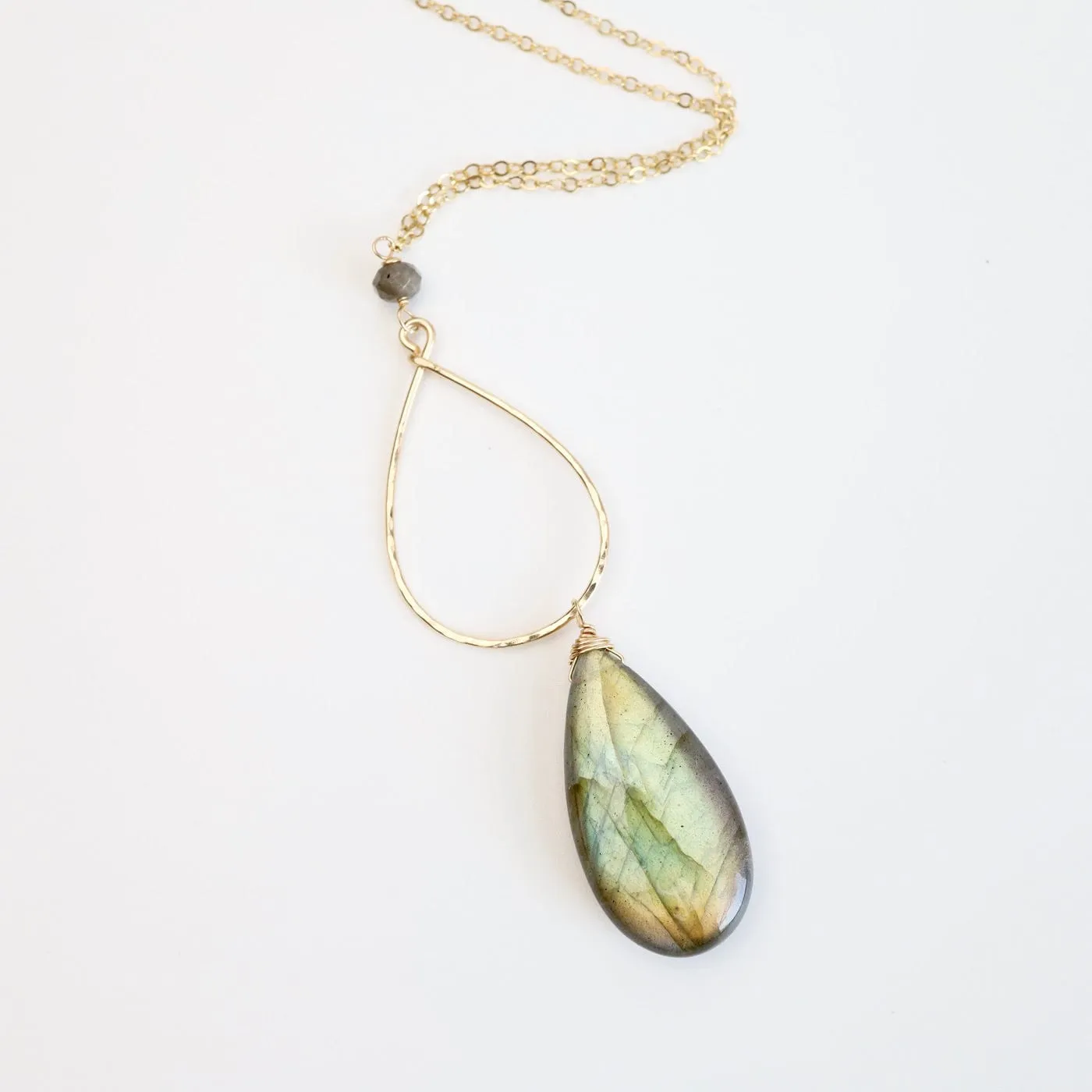 Large Labradorite Gold Filled Long Open Teardrop Necklace