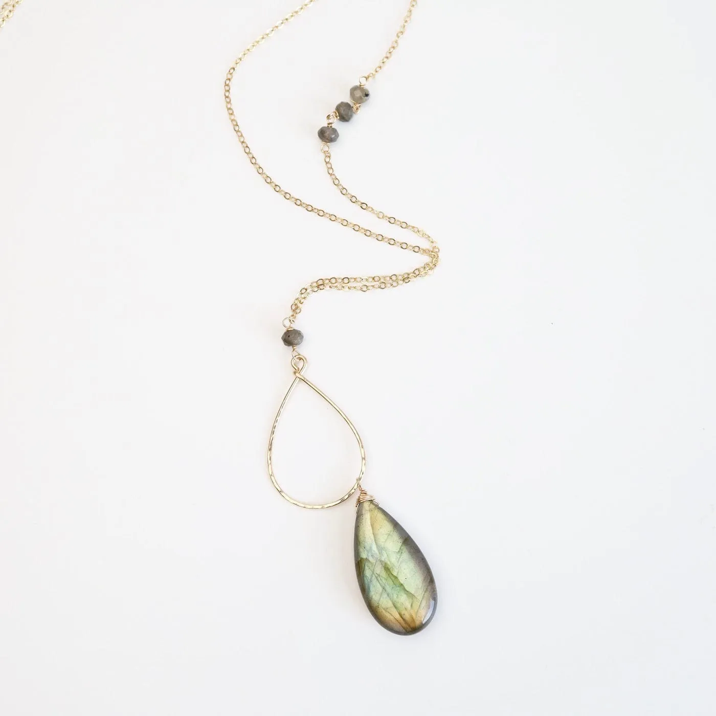 Large Labradorite Gold Filled Long Open Teardrop Necklace