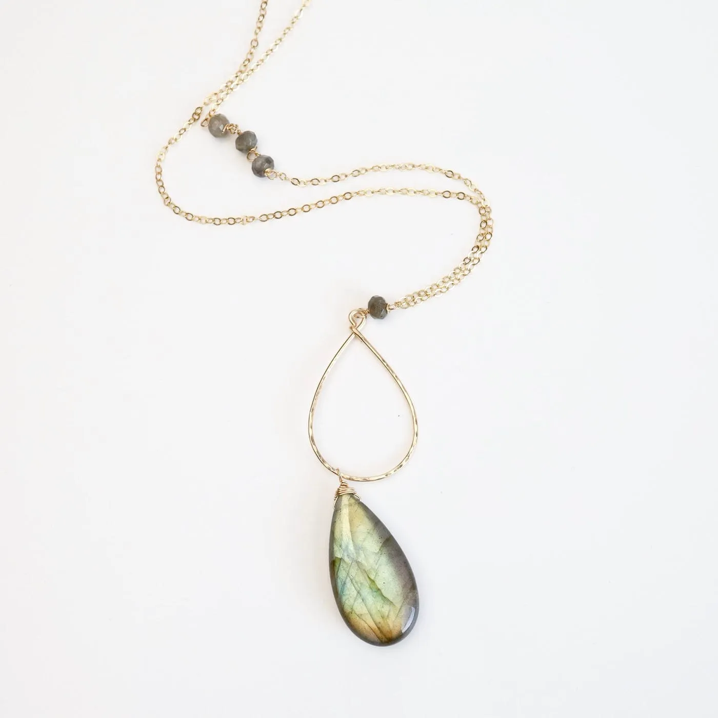 Large Labradorite Gold Filled Long Open Teardrop Necklace