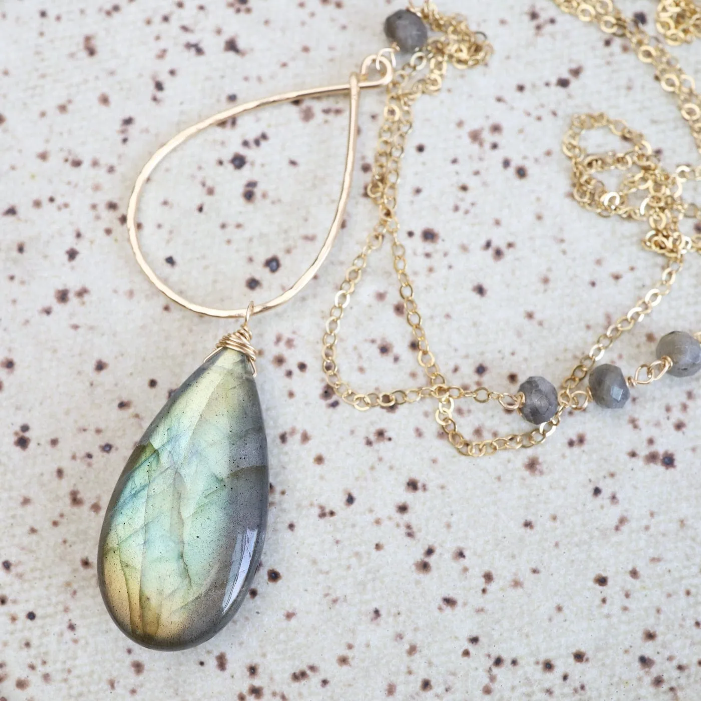 Large Labradorite Gold Filled Long Open Teardrop Necklace