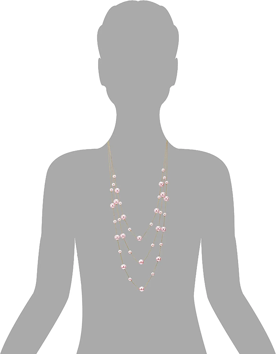 Long Statement Necklace, Pink Faux Pearl Layered Necklace, Rose Gold Three-Strand Chains with Beads, Elegant Dress