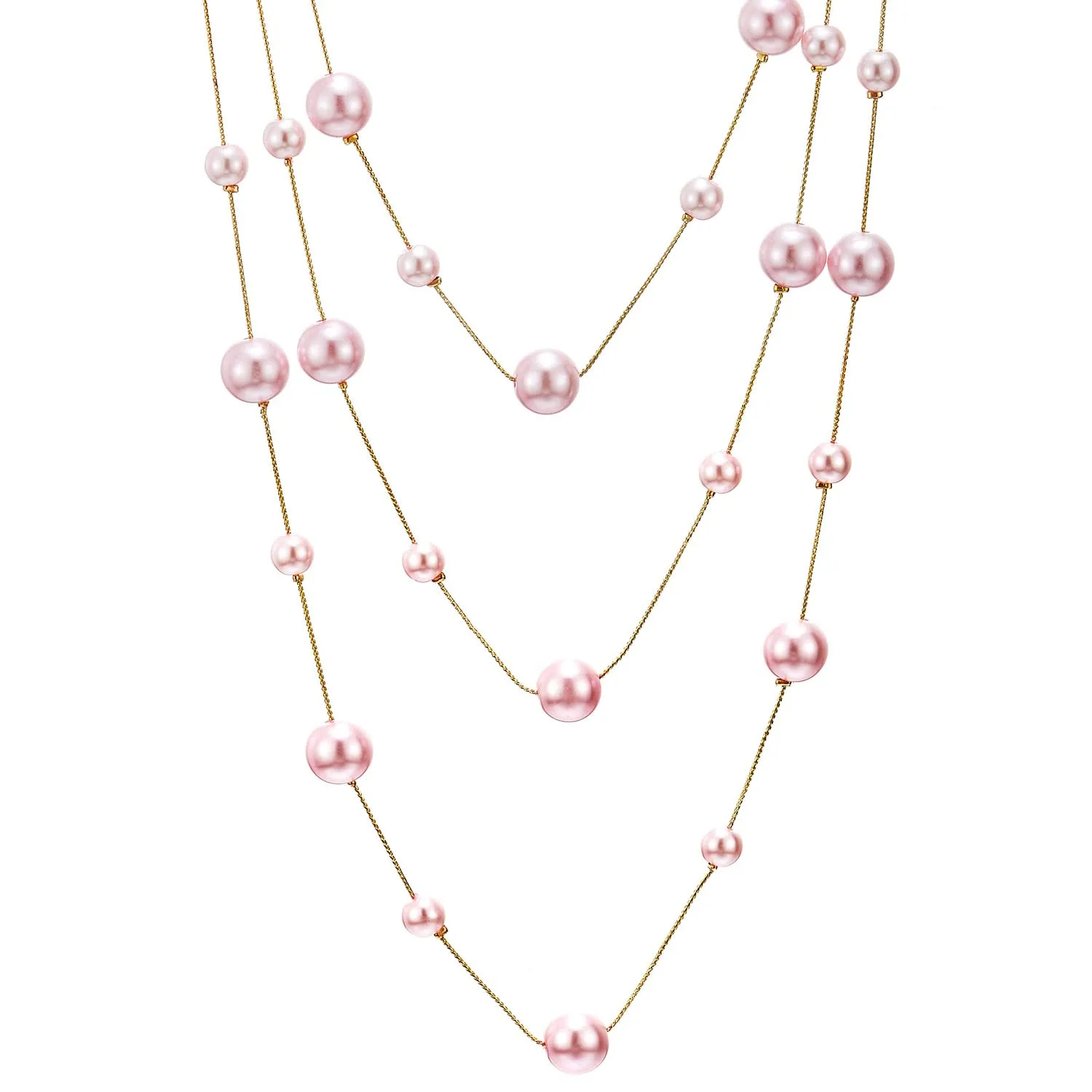 Long Statement Necklace, Pink Faux Pearl Layered Necklace, Rose Gold Three-Strand Chains with Beads, Elegant Dress