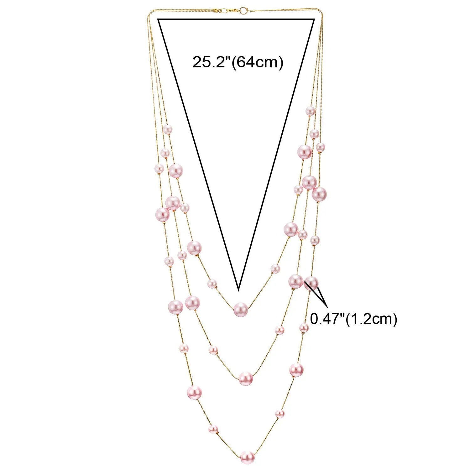 Long Statement Necklace, Pink Faux Pearl Layered Necklace, Rose Gold Three-Strand Chains with Beads, Elegant Dress