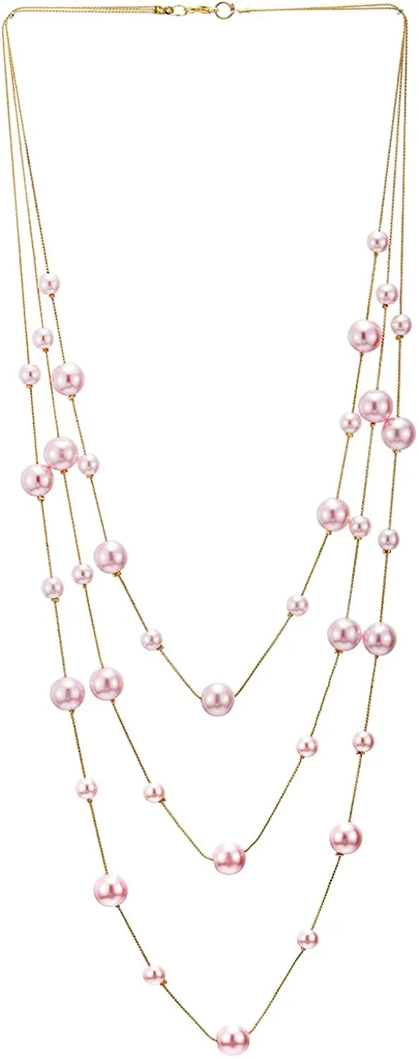 Long Statement Necklace, Pink Faux Pearl Layered Necklace, Rose Gold Three-Strand Chains with Beads, Elegant Dress