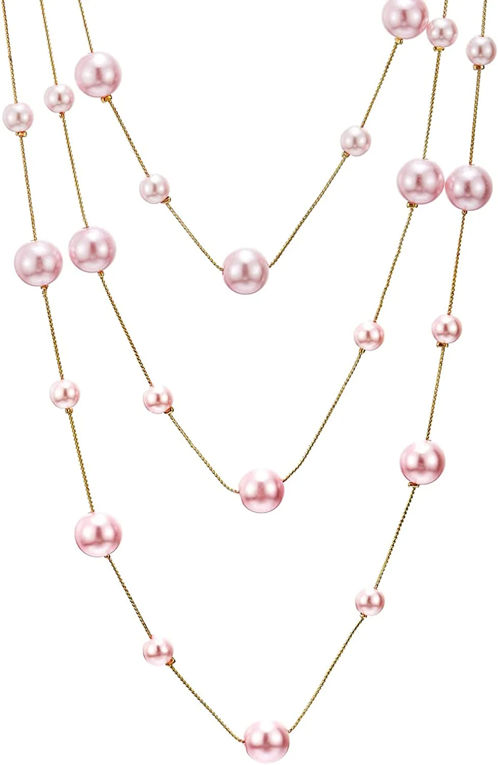 Long Statement Necklace, Pink Faux Pearl Layered Necklace, Rose Gold Three-Strand Chains with Beads, Elegant Dress