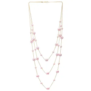 Long Statement Necklace, Pink Faux Pearl Layered Necklace, Rose Gold Three-Strand Chains with Beads, Elegant Dress