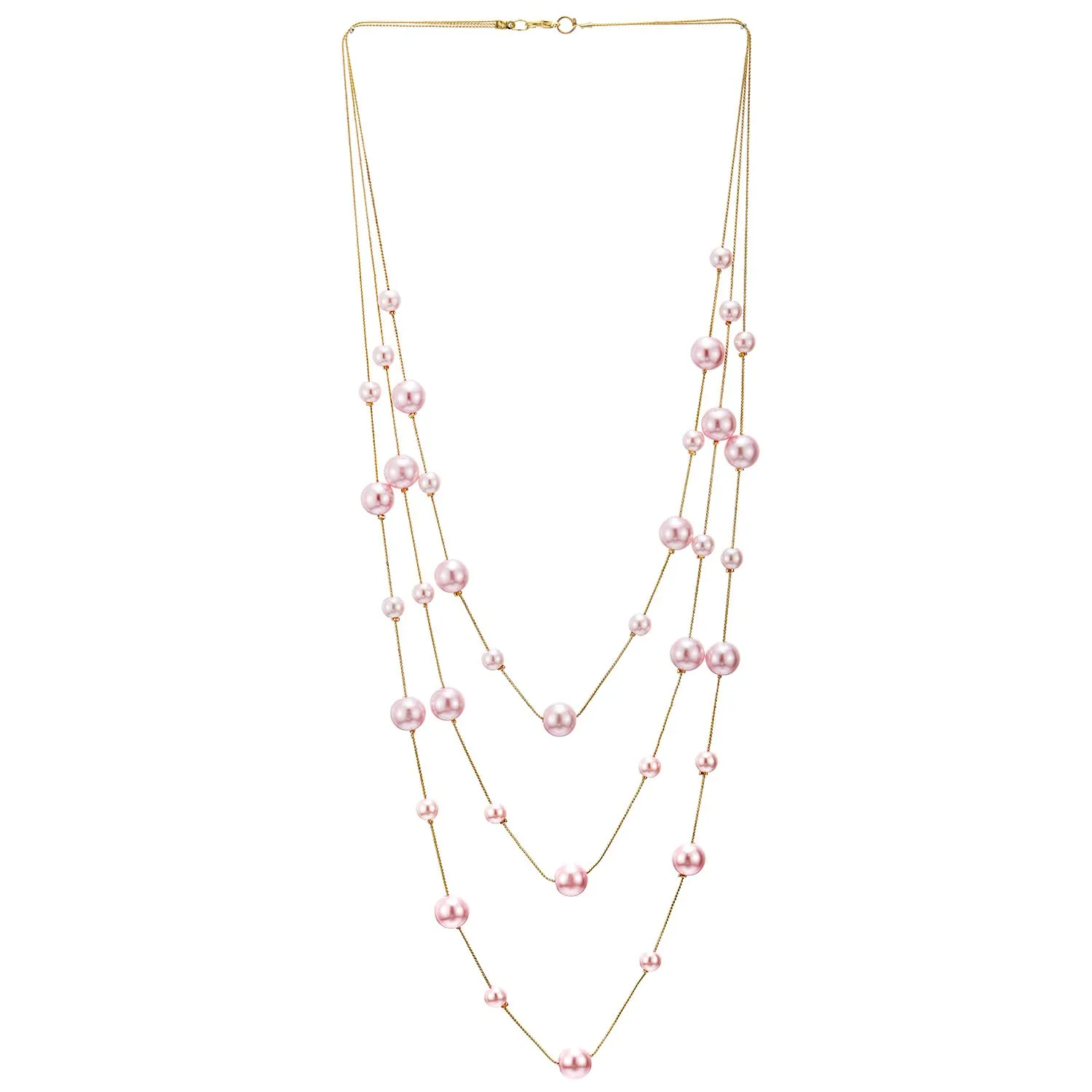 Long Statement Necklace, Pink Faux Pearl Layered Necklace, Rose Gold Three-Strand Chains with Beads, Elegant Dress