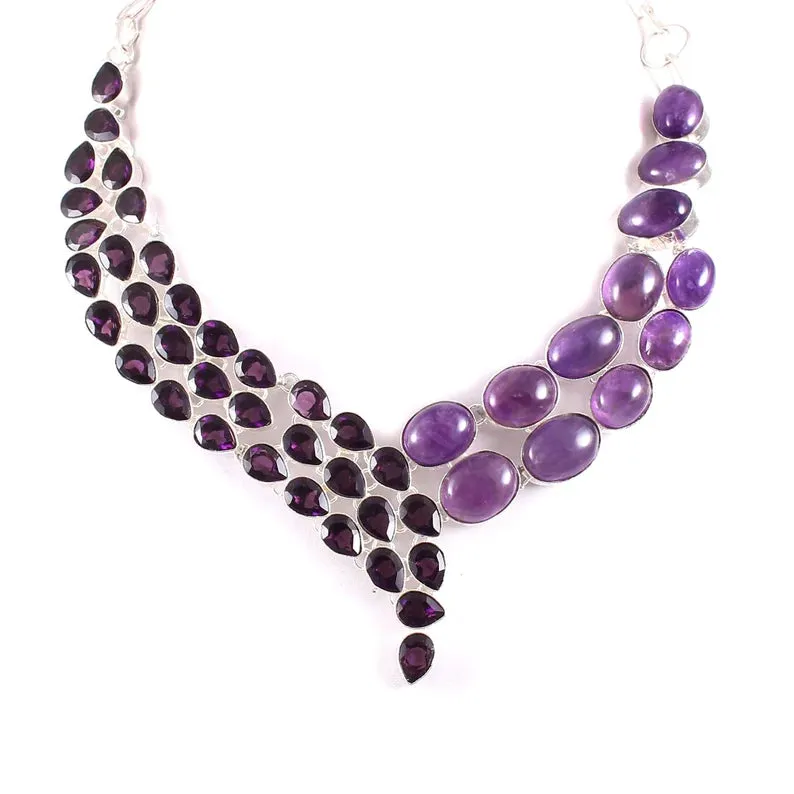 Natural Amethyst Vintage Bib Necklace  - 925 Sterling Silver Wedding Necklace