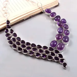 Natural Amethyst Vintage Bib Necklace  - 925 Sterling Silver Wedding Necklace