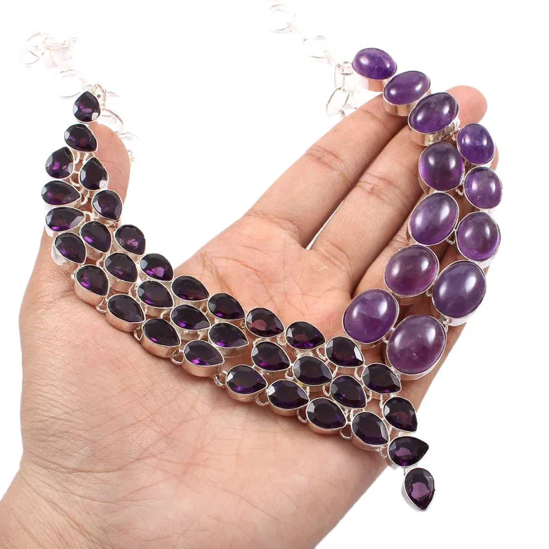 Natural Amethyst Vintage Bib Necklace  - 925 Sterling Silver Wedding Necklace