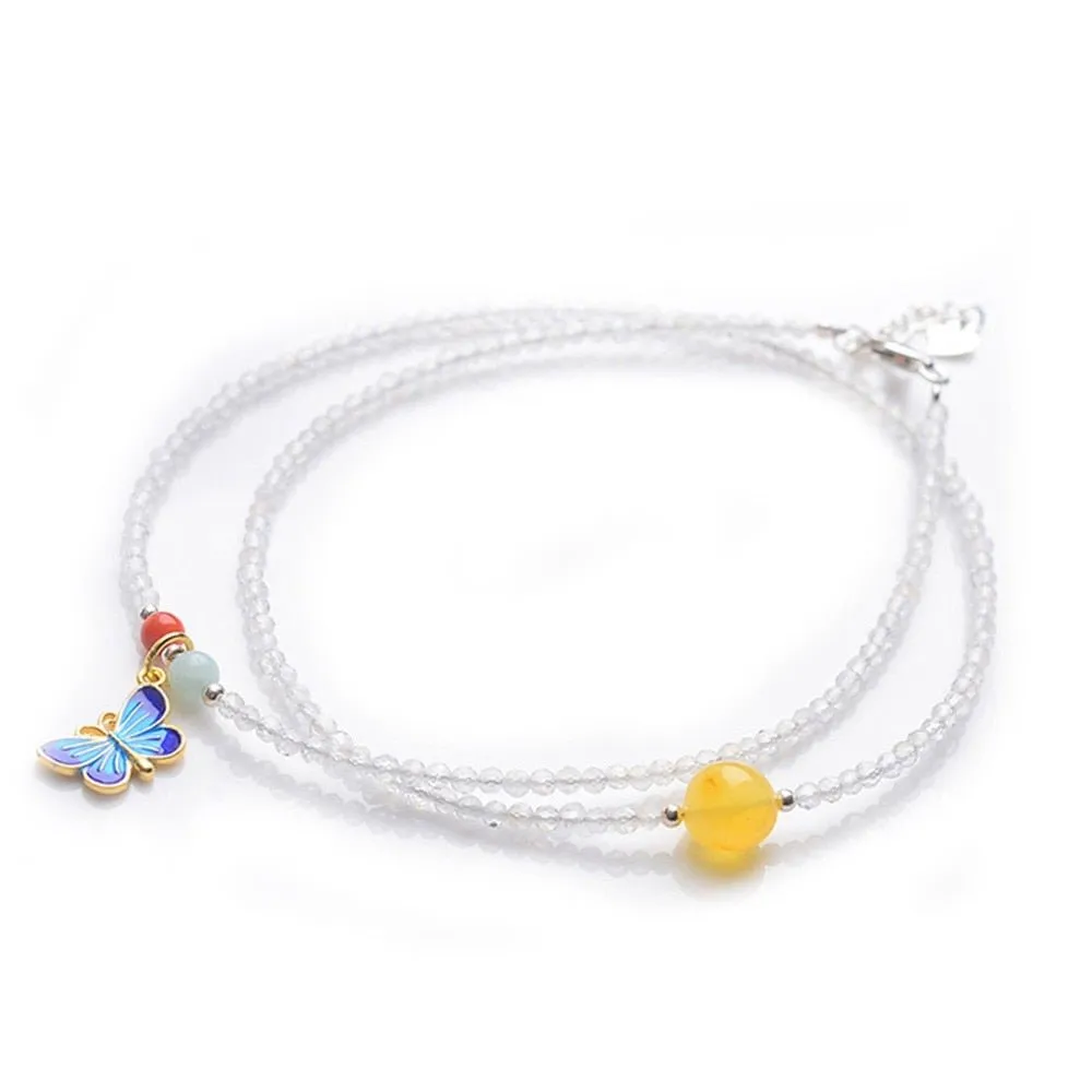 Natural Moonstone & Jade Butterfly Adjustable Anklet