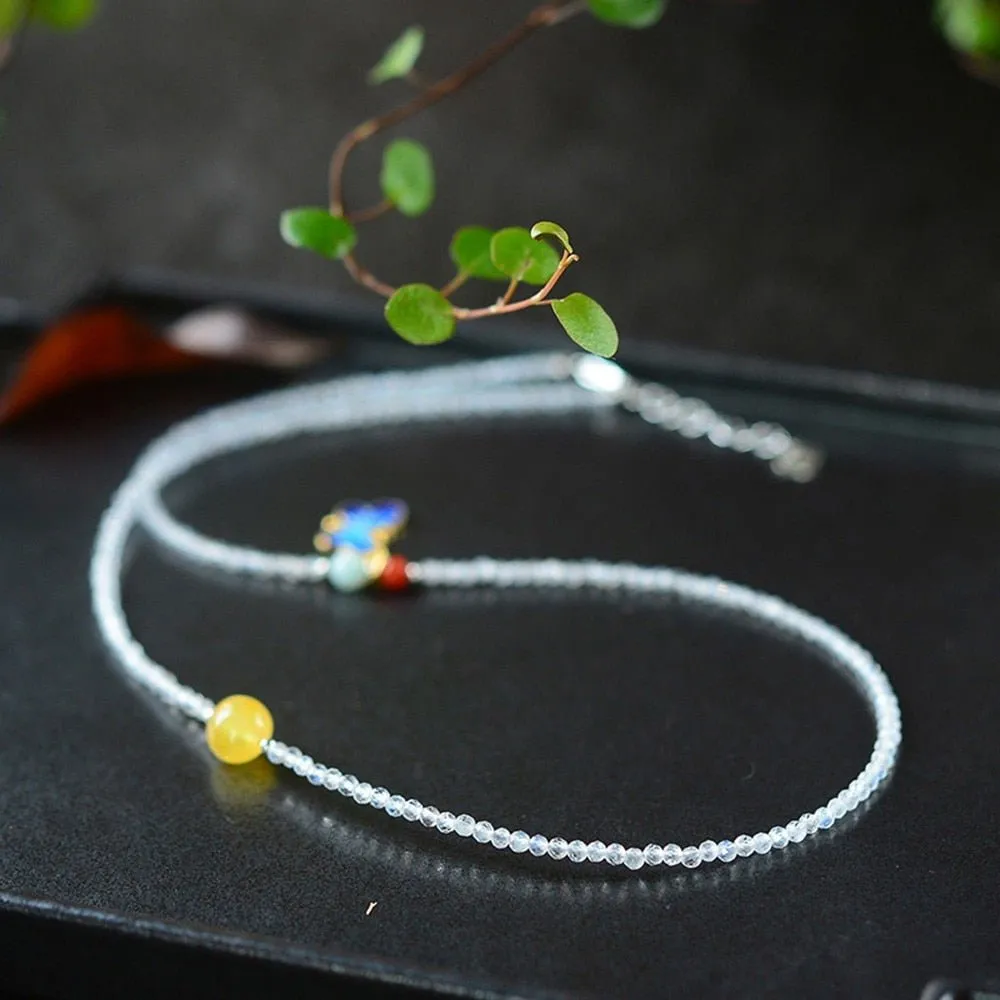 Natural Moonstone & Jade Butterfly Adjustable Anklet