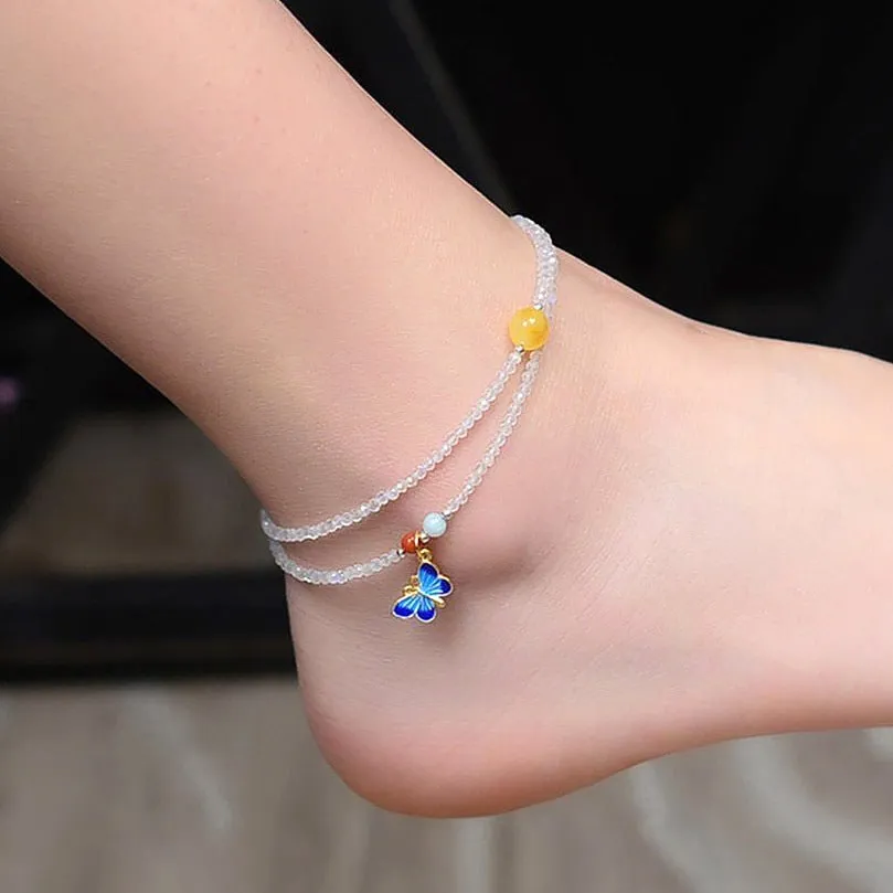 Natural Moonstone & Jade Butterfly Adjustable Anklet