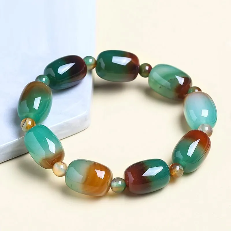 Natural Peacock Agate Barrel Beaded Bracelet