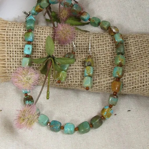 Natural Turquoise Beaded Necklace & Earrings  Set