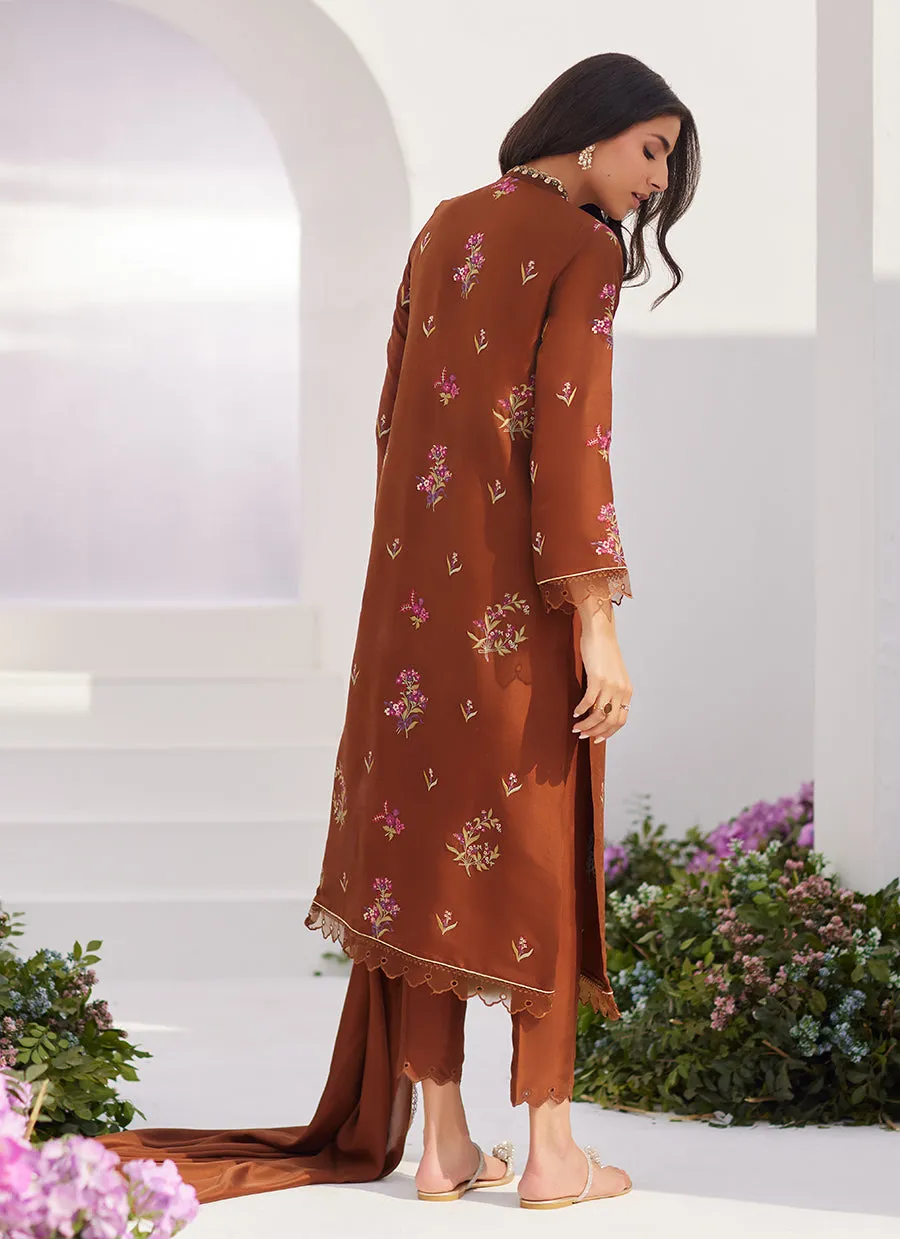 Noemie Chocolate Embroidered Raw Silk Shirt and Dupatta