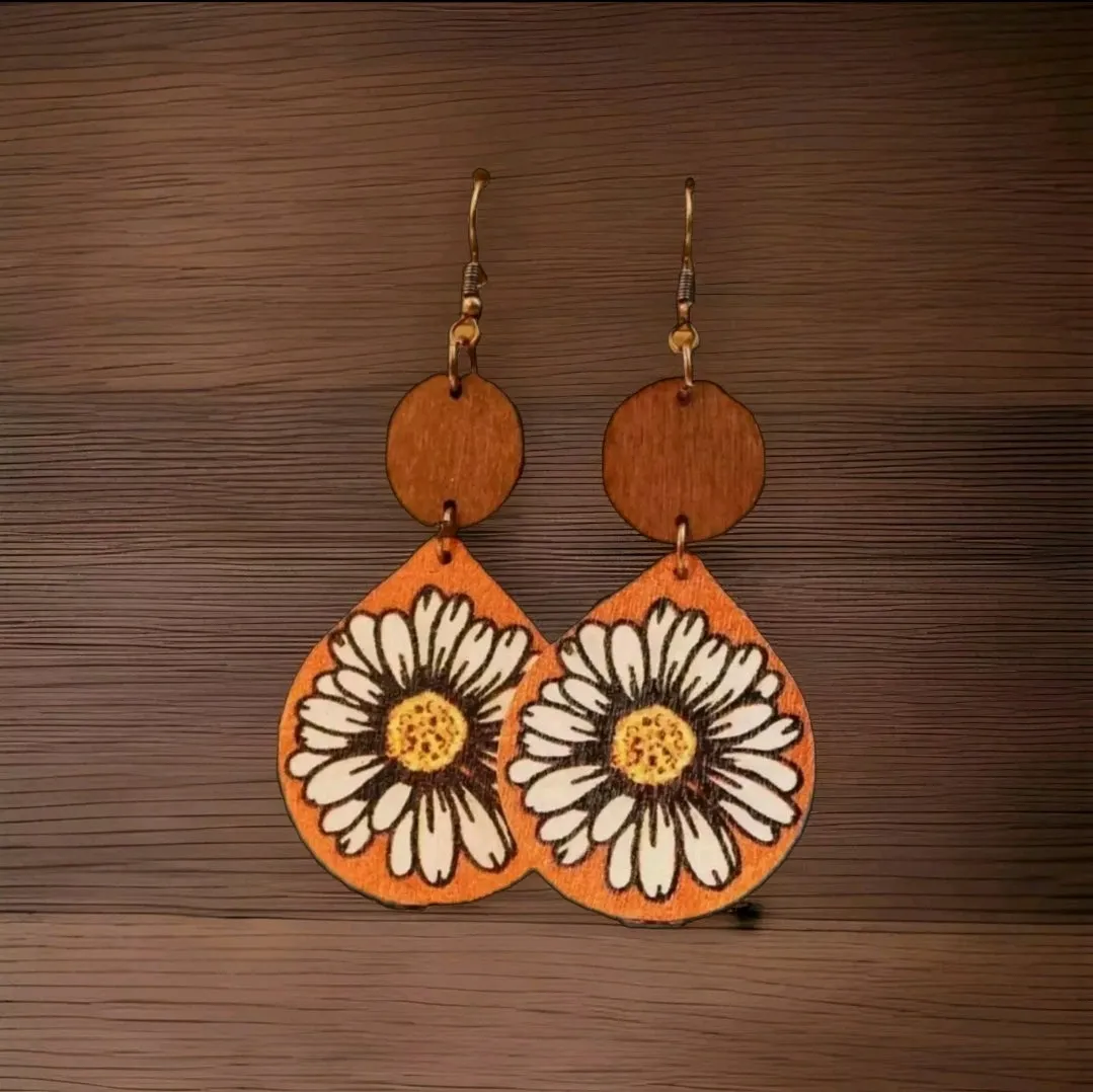 Orange Yellow Embossed Flower Daisy Wooden Earrings Vintage Retro Boho Bohemian