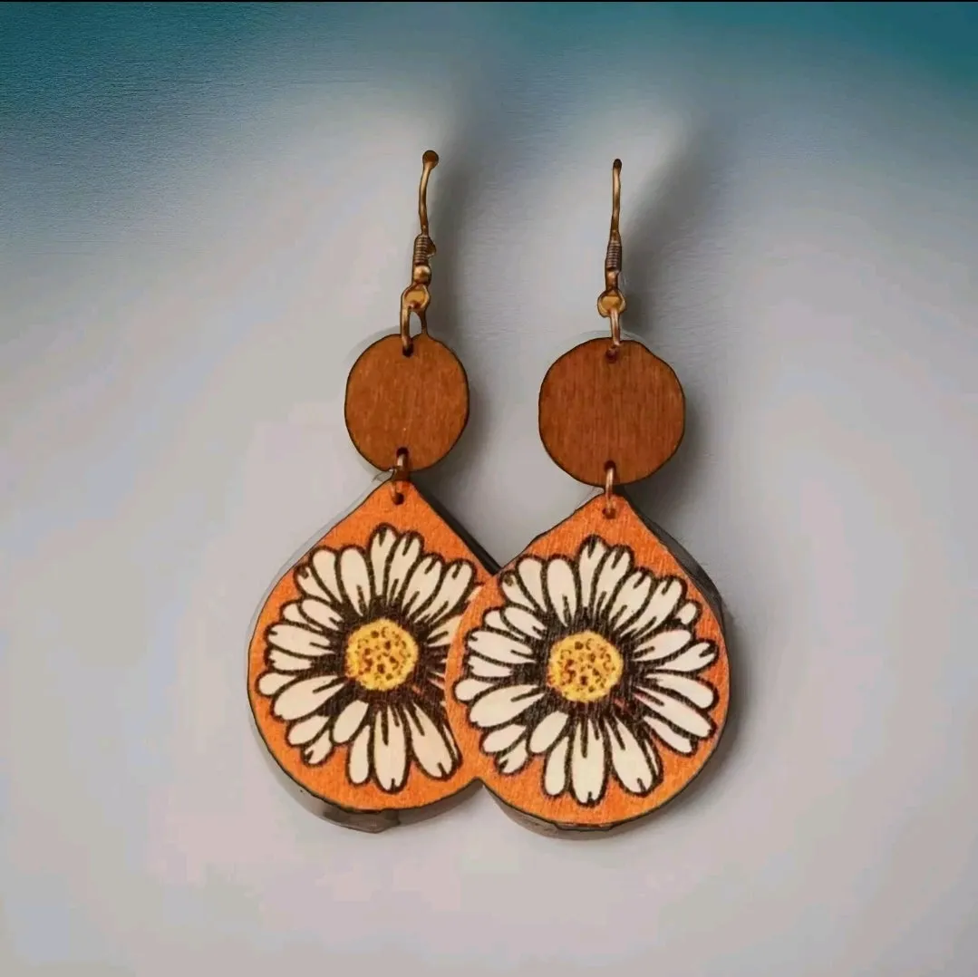 Orange Yellow Embossed Flower Daisy Wooden Earrings Vintage Retro Boho Bohemian