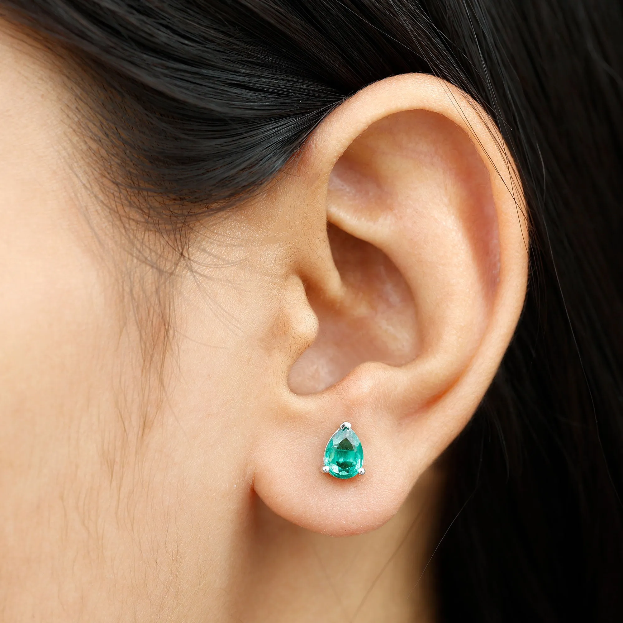 Pear Cut Lab Grown Emerald Solitaire Stud Earrings in 3 Prong Setting