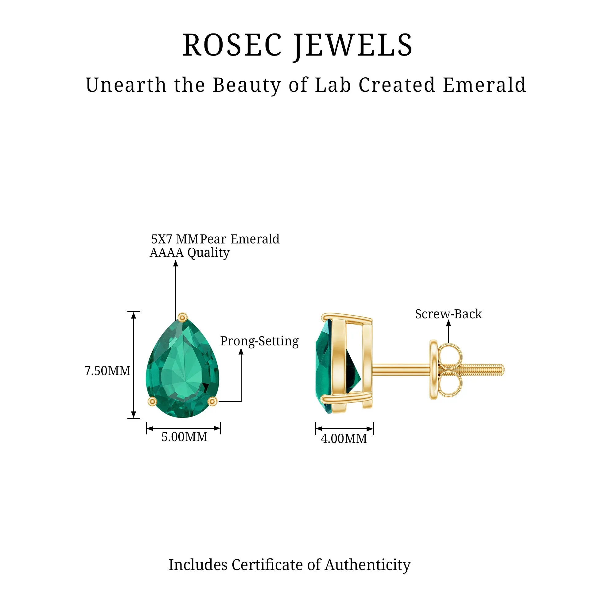 Pear Cut Lab Grown Emerald Solitaire Stud Earrings in 3 Prong Setting