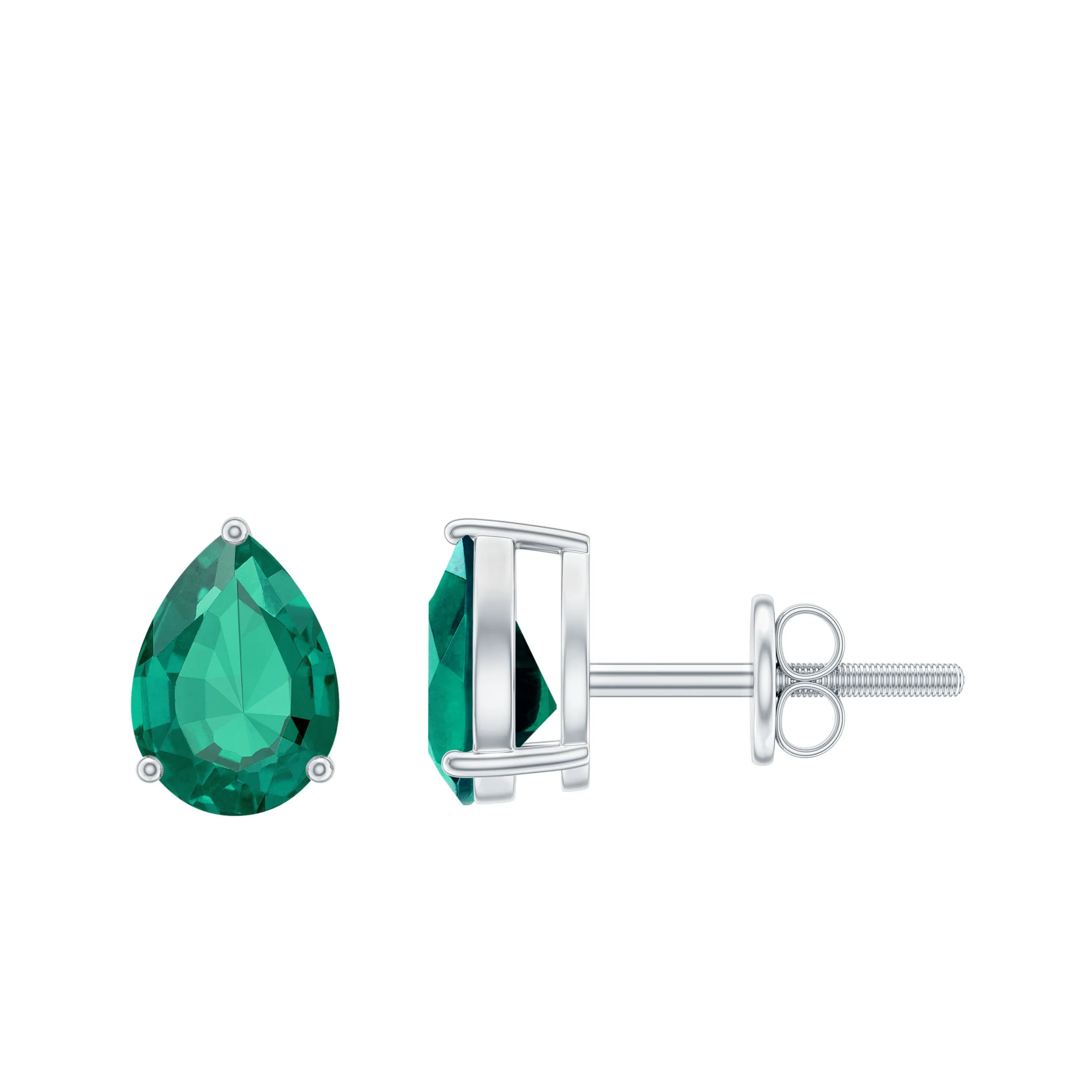 Pear Cut Lab Grown Emerald Solitaire Stud Earrings in 3 Prong Setting