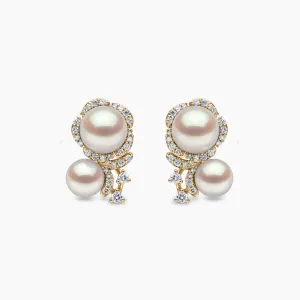 Petal 18K Gold Double Akoya Pearl and Diamond Flower Earrings