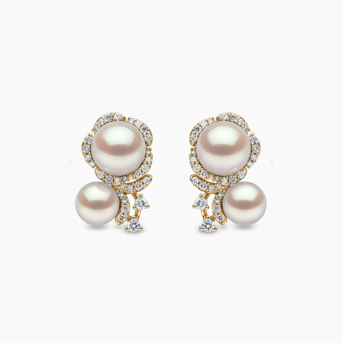 Petal 18K Gold Double Akoya Pearl and Diamond Flower Earrings