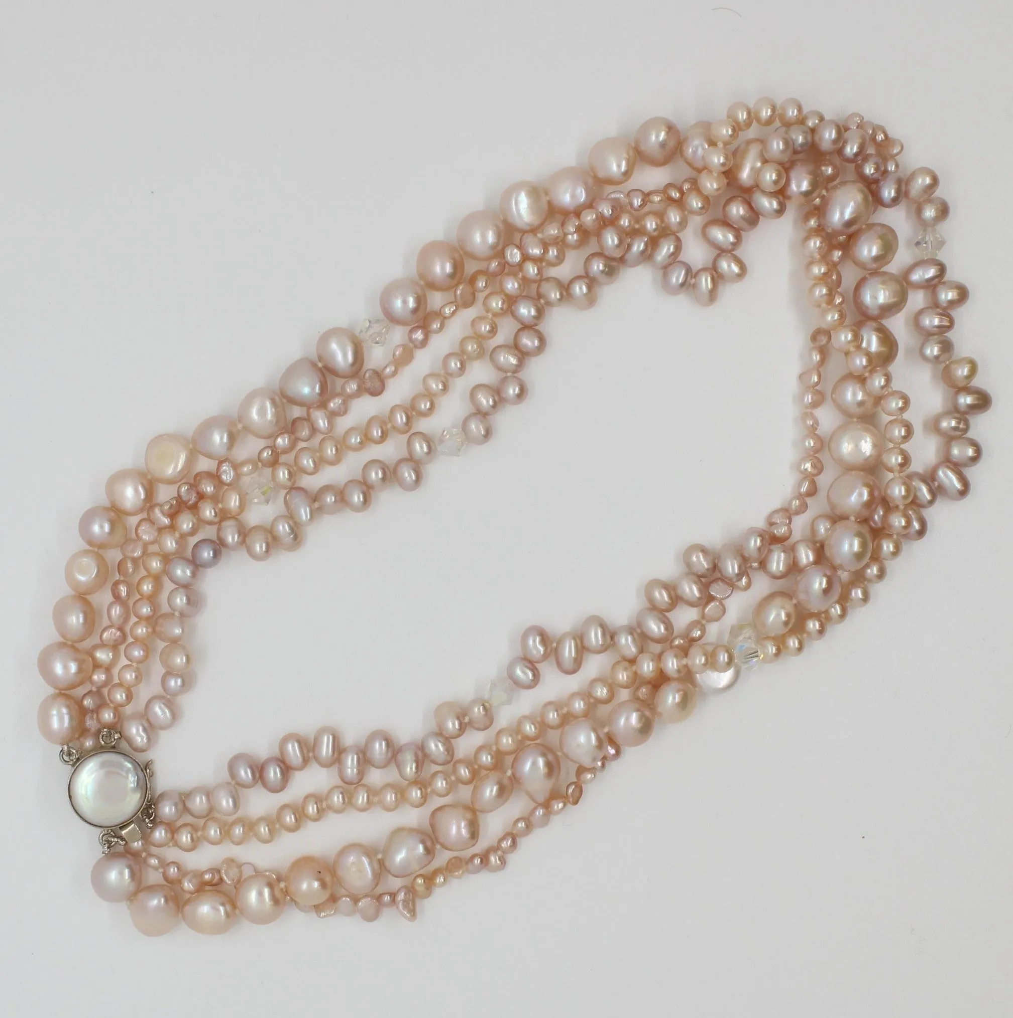 Pink 4 Strand Twist, Pearls and Crystals Necklace