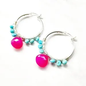 Pink and Sleeping Beauty Turquoise Silver Wire Wrap Hoop Earrings