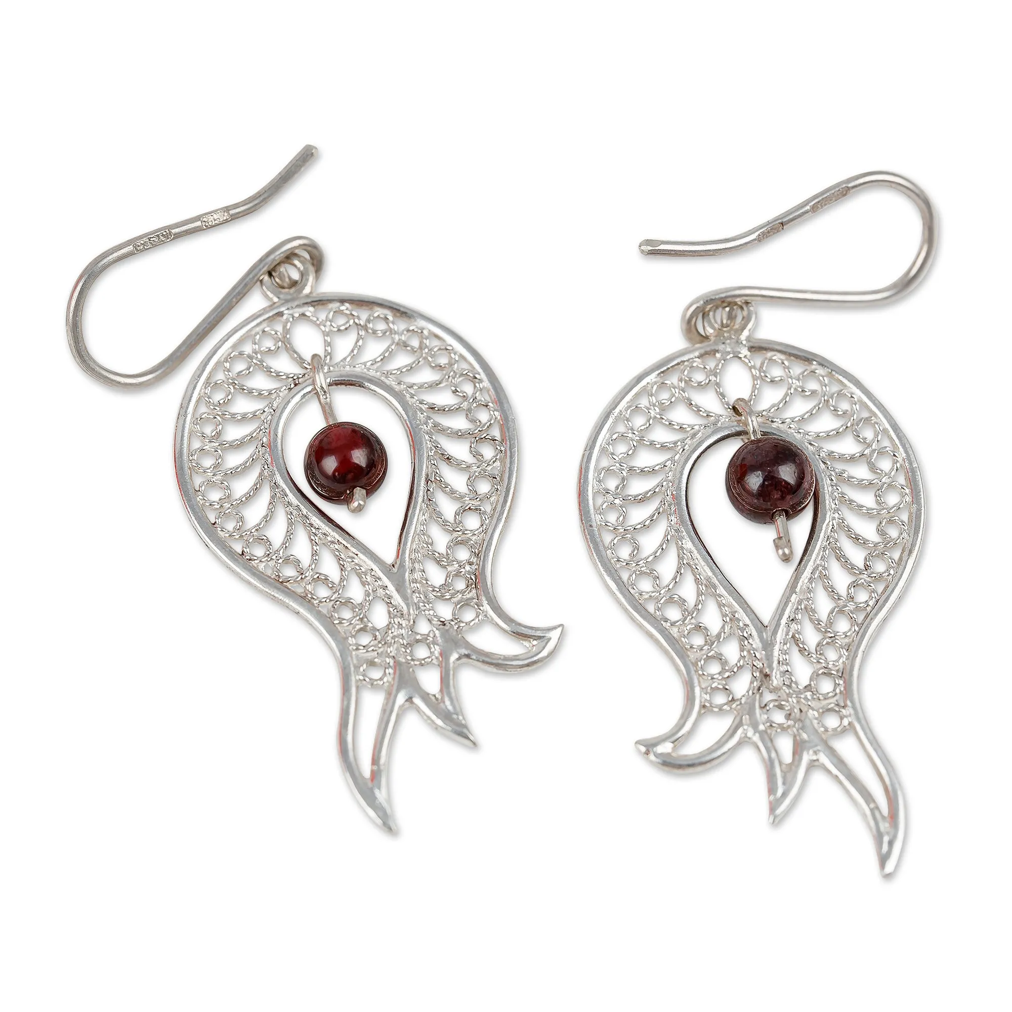 Polished Pomegranate-Shaped Garnet Filigree Dangle Earrings - Passion at the Forest | NOVICA