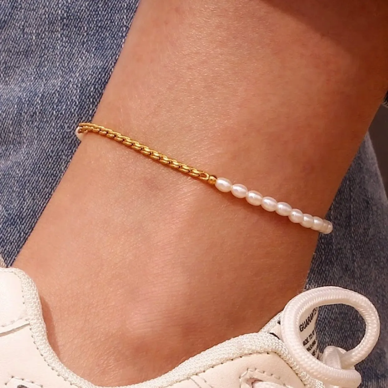 PRETTY BAROQUE ANKLET - PETITE  PEARL WATERPROOF 18K GOLD ANKLET